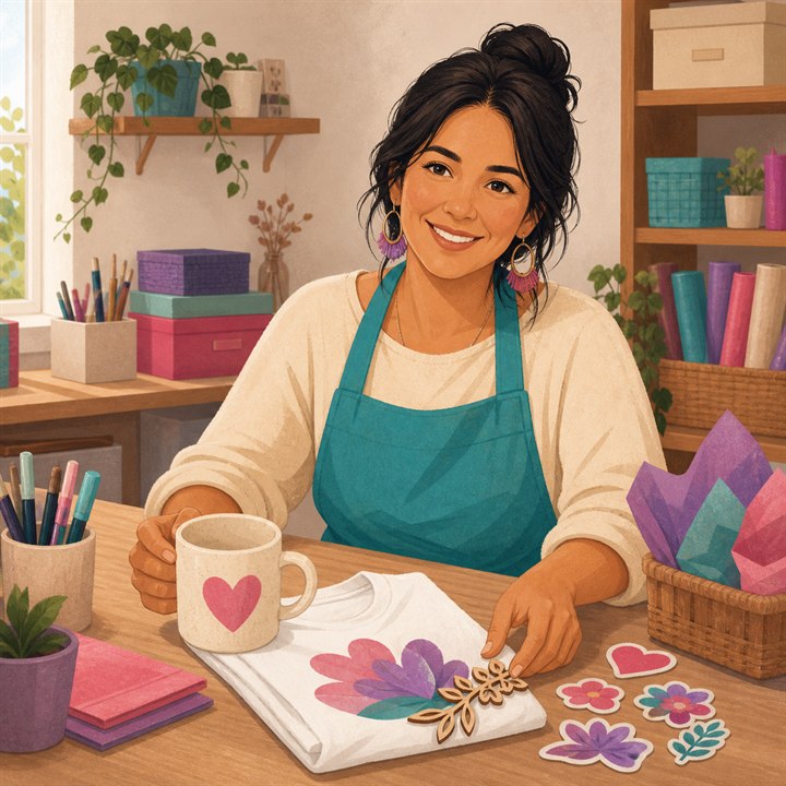 Emprendedora preparando tazones, poleras, stickers y piezas personalizadas en un taller familiar